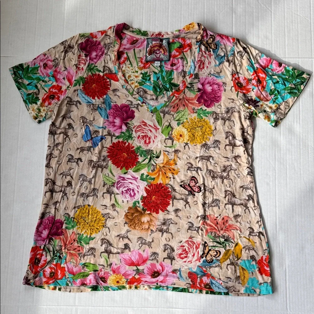 Johnny Was Multicolor Floral Short Sleeve V-Neck Tee - Picture 1 of 8
